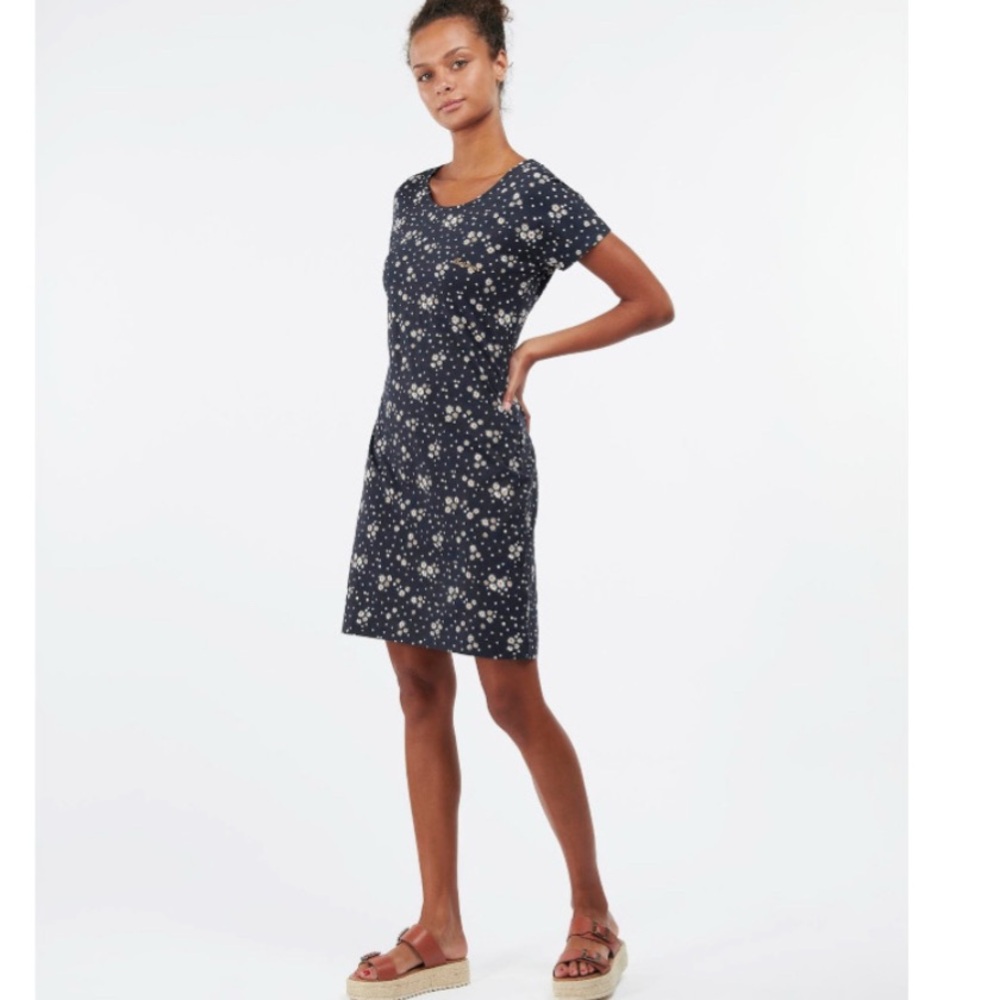 Barbour Harewood Cotton Knit Short Sleeve Dress in Navy Floral Print Size 12 EUC